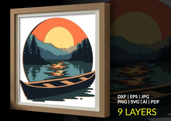 Capturing the Essence of a Boat Lake at Sunset Mountain Landscape in Layered Paper Art
