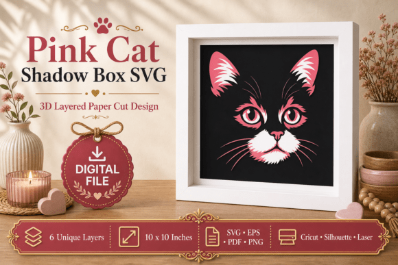 Elevate Design with Pink Cat Shadow Box SVG